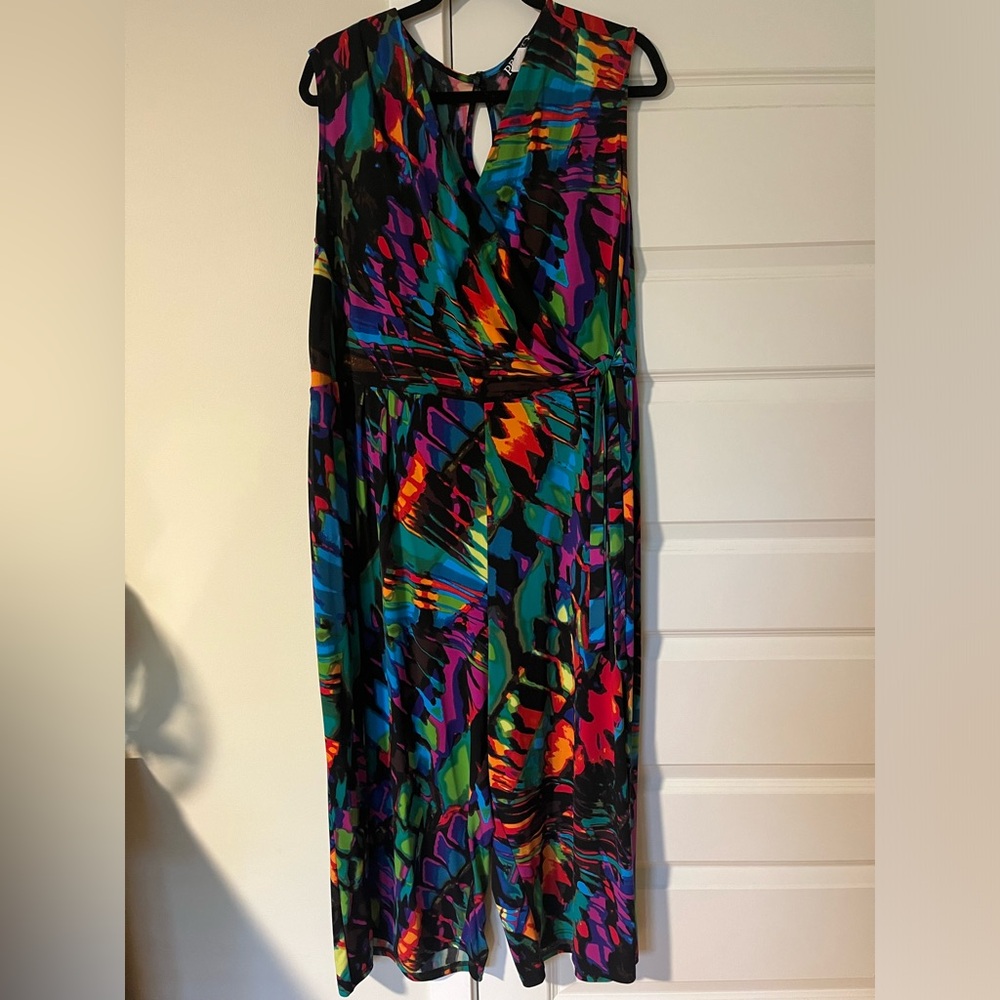 Stretchy rainbow romper with waist tie, 3X